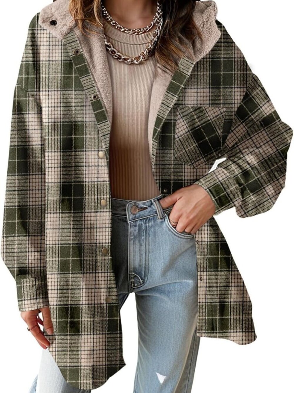 Cozy Women's Hooded Plaid Flannel Shacket - Thick Fleece Jacket for Fall/Winter